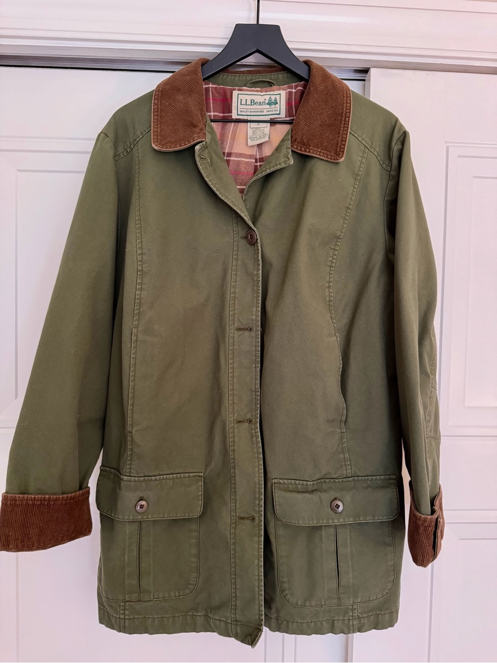 L.L. Bean Olive Green Utility Jacket with Brown Corduroy Collar and Cuffs